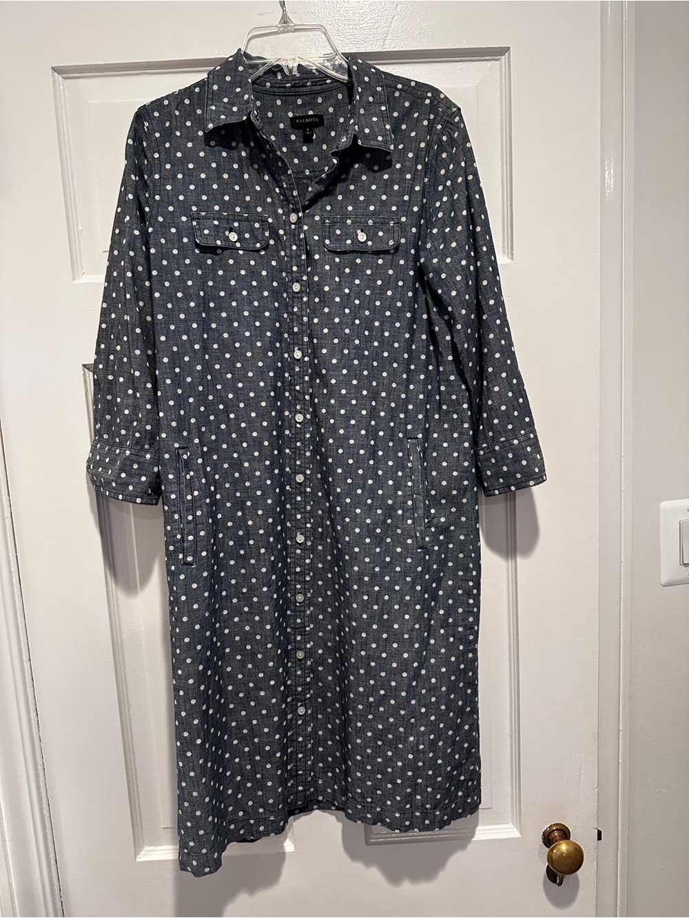 Talbots Navy Blue Polka Dot Long Sleeve Shirt Dress
